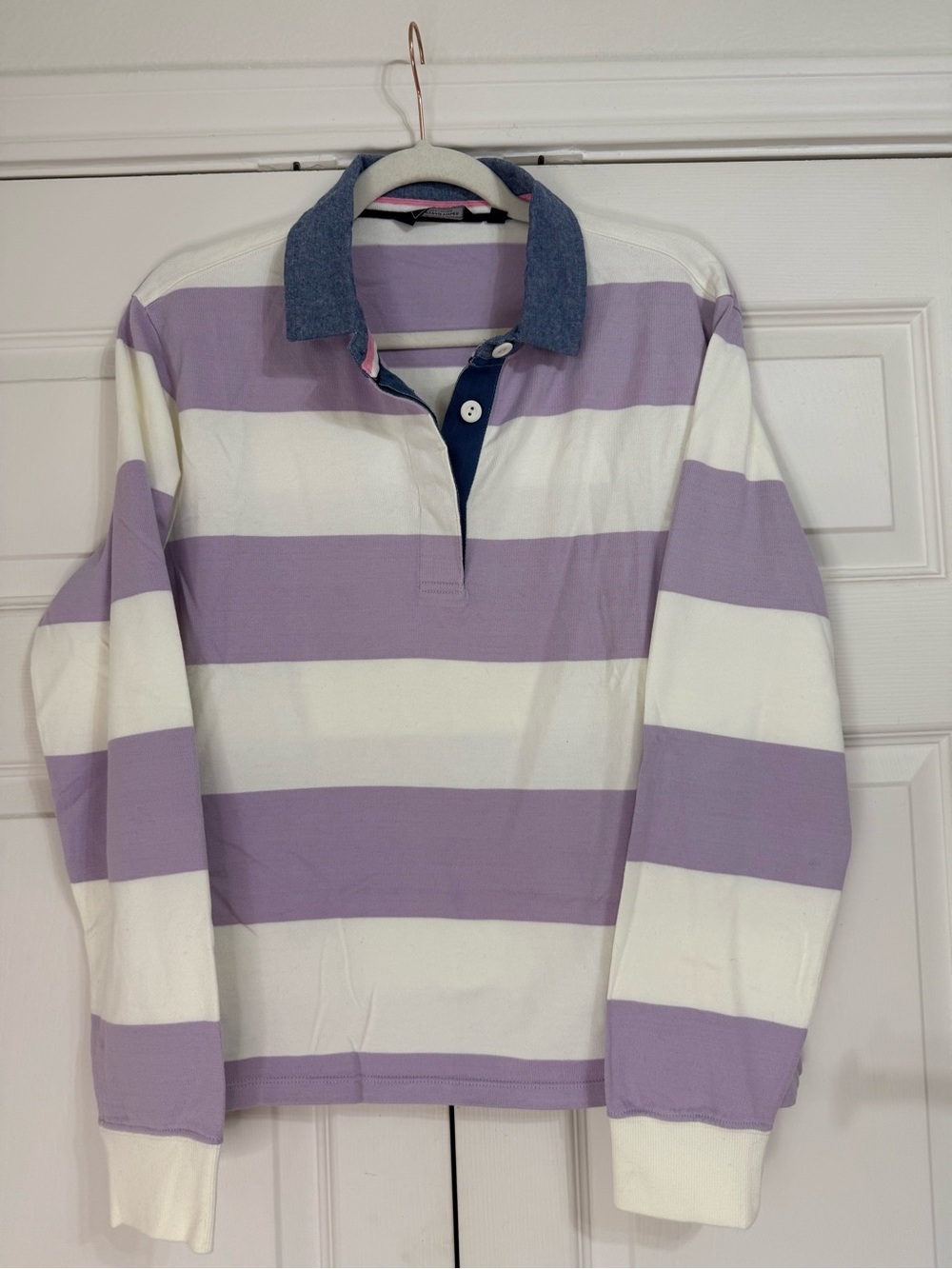 Vineyard Vines Heritage Striped Rugby Lavender White Long Sleeve cotton Sz M
